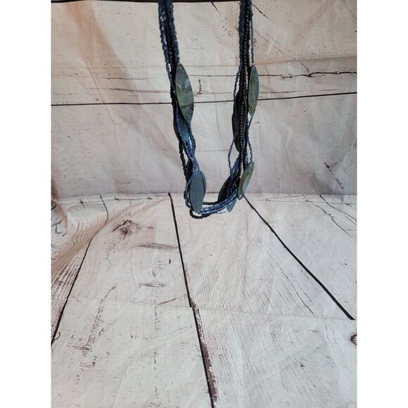 Earthy Boho Style Chunky Double Strand Beaded Shell Necklace Blue Tones - Picture 2 of 6